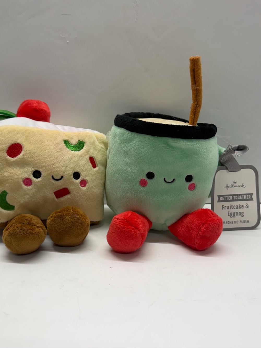 Hallmark Plush Fruitcake & Eggnog Magnetic Pair - Green, Cream & Red, Christmas